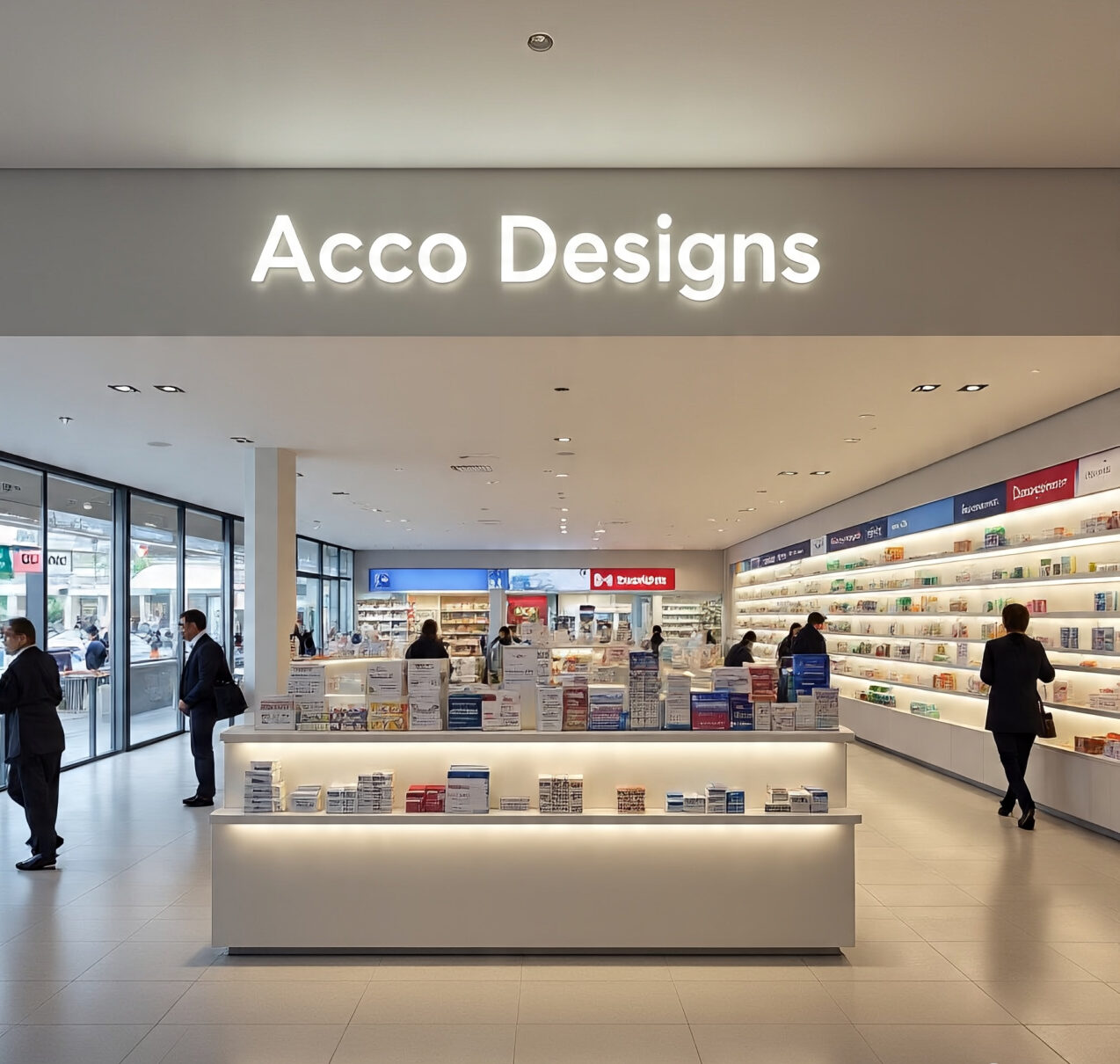 Modern Pharmacy Design Concept Alt Text: Modern pharmacy interior design with clean shelves and lighting Pharmacy Counter and Waiting Area Alt Text: Customer-friendly pharmacy counter with organized layout ACCO Construction Team at Work Alt Text: ACCO interior designers working on pharmacy layout Pharmacy Storage Solutions Alt Text: Efficient medicine storage cabinets in a pharmacy Retail Pharmacy Display Racks Alt Text: Wall-mounted display racks in a modern retail pharmacy Lighting Design in Medical Store Alt Text: Bright pharmacy lighting design for better visibility Before and After Pharmacy Renovation Alt Text: Pharmacy interior transformation by ACCO Construction ACCO Logo Branded Interior Work Alt Text: ACCO branded pharmacy interior design in Lahore