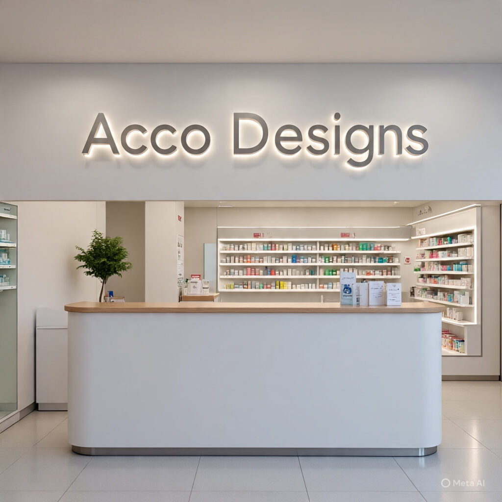 Modern Pharmacy Design Concept Alt Text: Modern pharmacy interior design with clean shelves and lighting Pharmacy Counter and Waiting Area Alt Text: Customer-friendly pharmacy counter with organized layout ACCO Construction Team at Work Alt Text: ACCO interior designers working on pharmacy layout Pharmacy Storage Solutions Alt Text: Efficient medicine storage cabinets in a pharmacy Retail Pharmacy Display Racks Alt Text: Wall-mounted display racks in a modern retail pharmacy Lighting Design in Medical Store Alt Text: Bright pharmacy lighting design for better visibility Before and After Pharmacy Renovation Alt Text: Pharmacy interior transformation by ACCO Construction ACCO Logo Branded Interior Work Alt Text: ACCO branded pharmacy interior design in Lahore