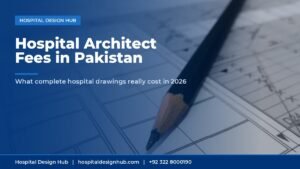 hospital architect fees Pakistan - architectural blueprints and pencil